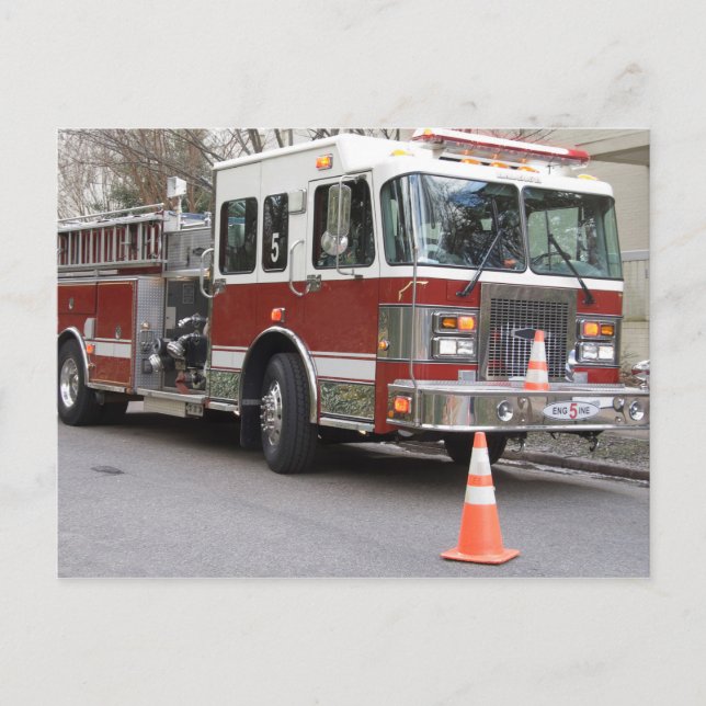 Parked Red Fire Engine Postcard (Front)