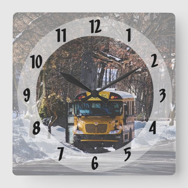 Parked School Bus in Winter Square Wall Clock (Front)