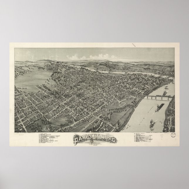 Parkersburg W. Virginia 1899 Antique Panoramic Map Poster (Front)