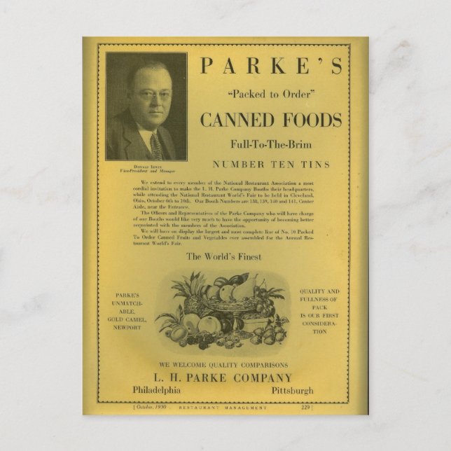 Parke's Canned Foods Postcard (Front)