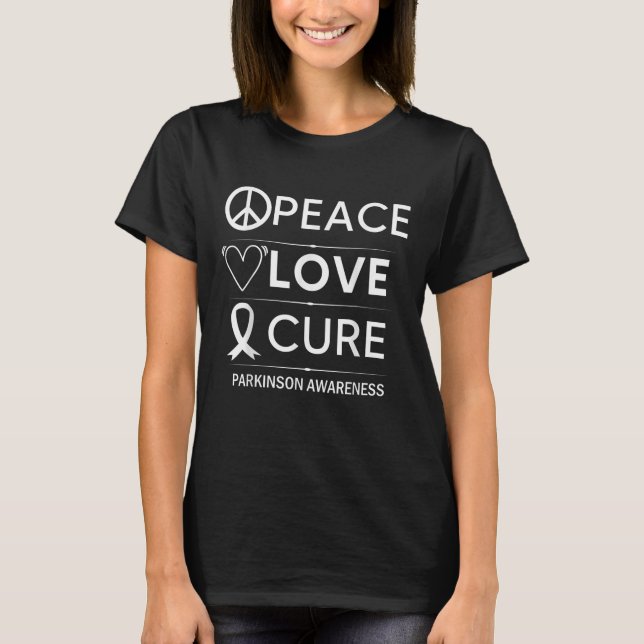 Parkinsons Disease Awareness Peace Love Cure T-Shirt (Front)