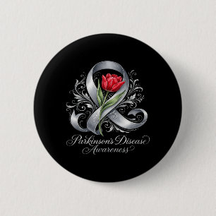 Parkinsons Disease Awareness Silver Ribbon and Red 6 Cm Round Badge