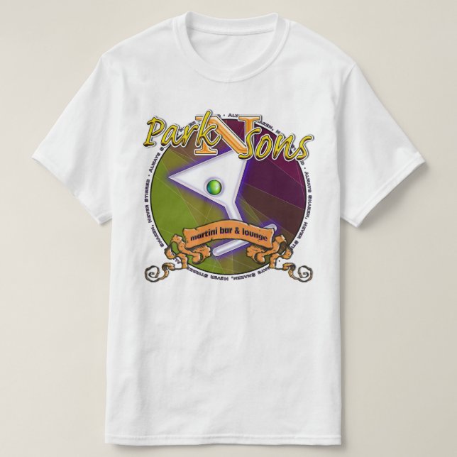 Parkinsons Martini Bar wCircle Always Shaken front T-Shirt (Design Front)