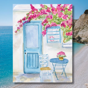 Paros Greece Blue Door & Bougainvillea Watercolor Postcard