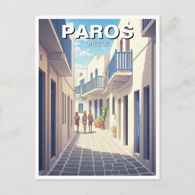 Paros Greece Islands Cobblestone Street Drawing Postcard (Front)