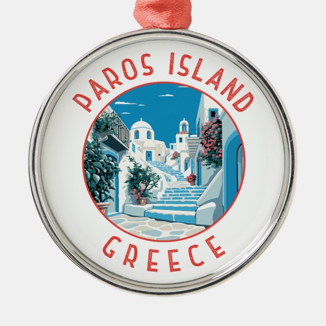 Paros Island Greece Retro Distressed Circle Metal Tree Decoration (Front)