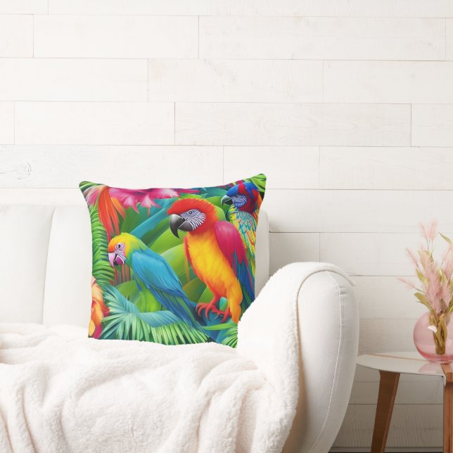 Parrot 3 Birds Tropical Floral palms blue green Cushion (Couch)