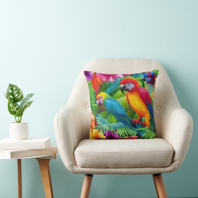 Parrot 3 Birds Tropical Floral palms blue purple  Cushion (Chair)