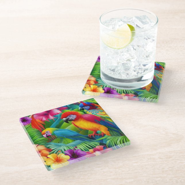 Parrot 3 Birds Tropical Floral palms blue purple Glass Coaster (Angled)