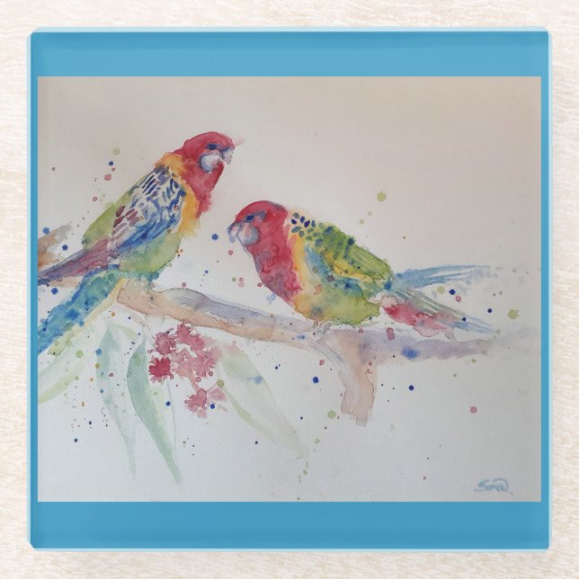 Parrot art Watercolour Painting Aqua Teal Glass Coaster (Front)