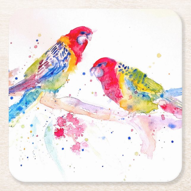 Parrot art Watercolour Painting Aqua Teal Square Paper Coaster (Front)