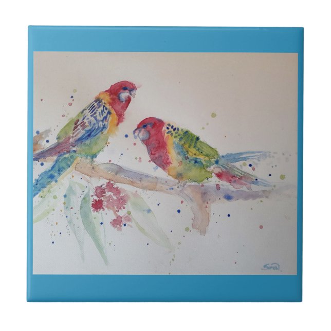 Parrot art Watercolour Painting Aqua Teal Tile (Front)