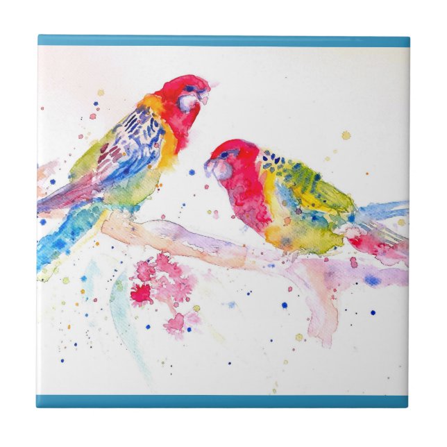 Parrot art Watercolour Painting Aqua Teal Tile (Front)