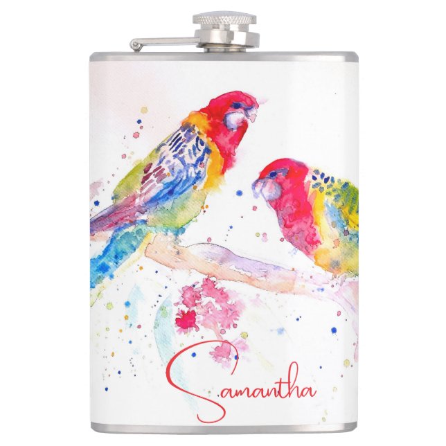 Parrot art Watercolour Painting Red Blue Colorful Hip Flask (Front)