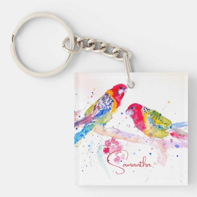 Parrot art Watercolour Painting Red Blue Colorful Key Ring (Front)