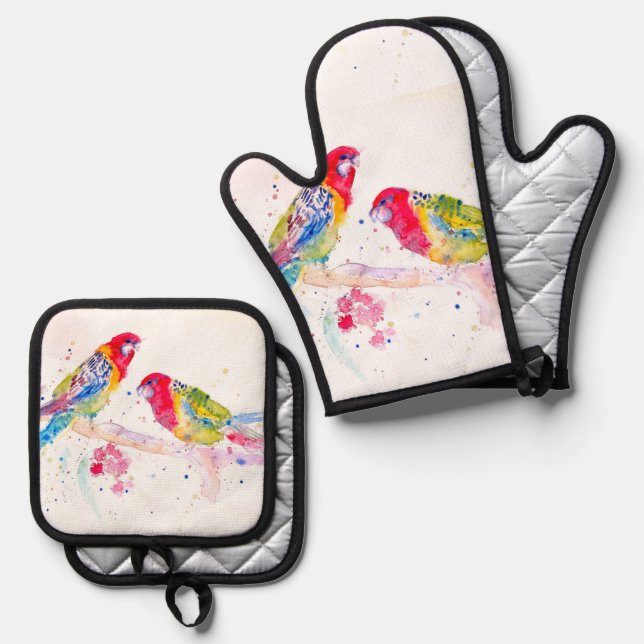 Parrot art Watercolour Painting Red Blue Colorful Oven Mitt & Pot Holder Set (Front/Back)