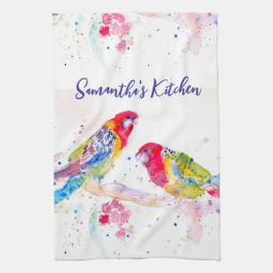 Parrot art Watercolour Painting Red Blue Colourful Tea Towel