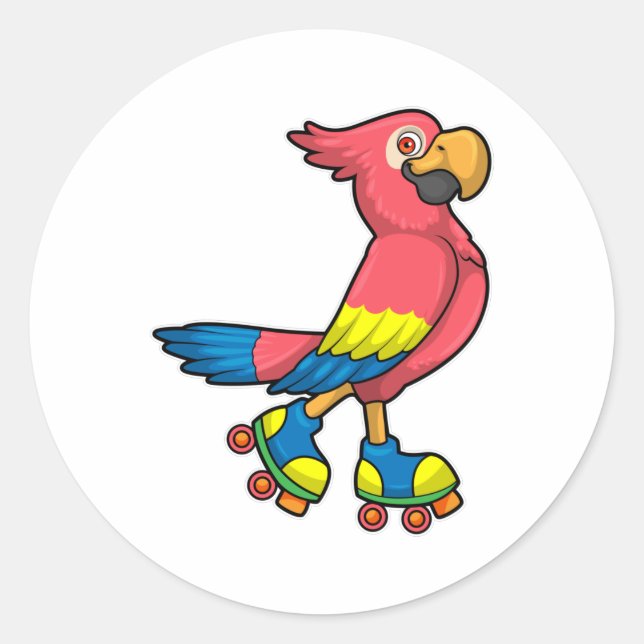 Parrot as Skater with Roller skates Classic Round Sticker (Front)