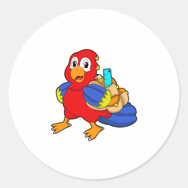 Parrot as Student with Backpack Classic Round Sticker (Front)