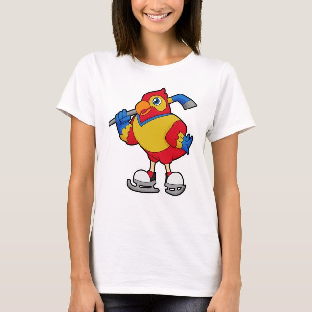 Parrot at Ice hockey with Ice hockey stick T-Shirt (Front)