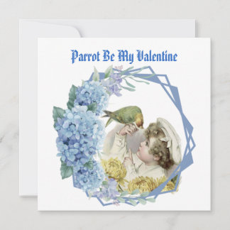 Parrot Be My Valentine Blue Floral Wreath Boy/Son Holiday Card