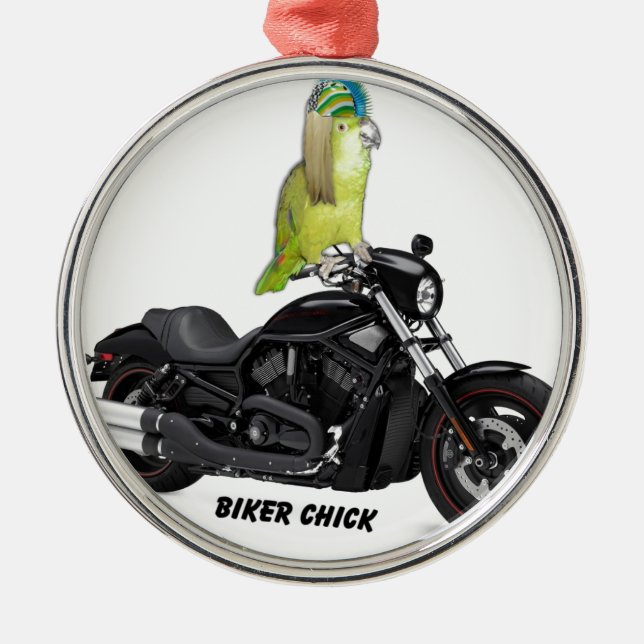 Parrot Biker Chick on Metal Tree Decoration (Front)