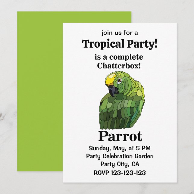 Parrot Bird Chatterbox Funny Tropical Party Invitation (Front/Back)