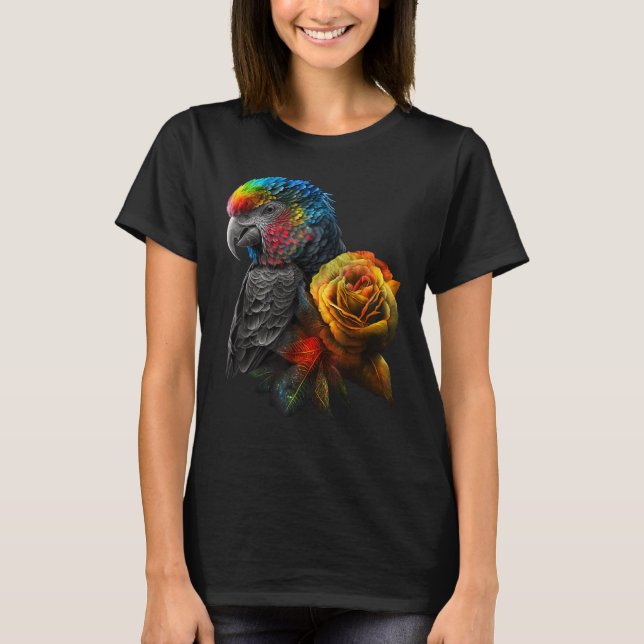 Parrot Bird Colourful Animal Flowers T-Shirt (Front)