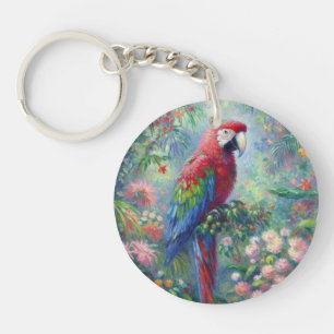 Parrot Bird Jungle Floral Impressionism Painting Key Ring