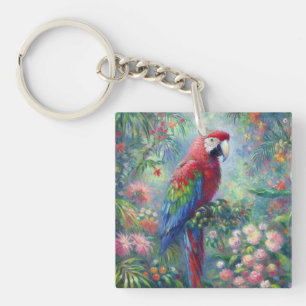 Parrot Bird Jungle Floral Impressionism Painting Key Ring