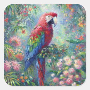 Parrot Bird Jungle Floral Impressionism Painting Square Sticker