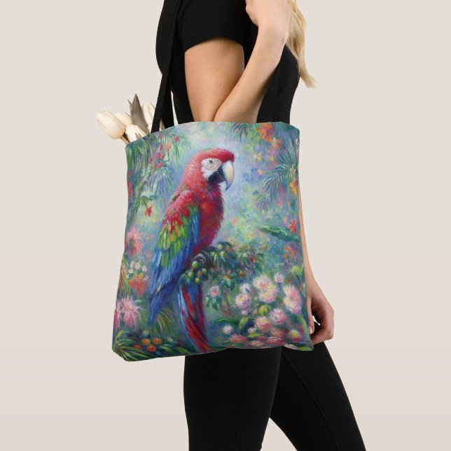 Parrot Bird Jungle Floral Impressionism Painting Tote Bag (Close Up)