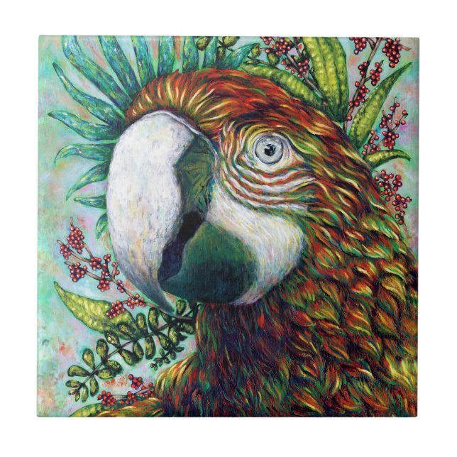 Parrot Bird Tropical Floral Green Art Ceramic Tile (Front)