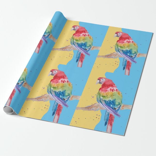 Parrot Blue Yellow Boys Watercolor Art Parrots Wrapping Paper (Unrolled)