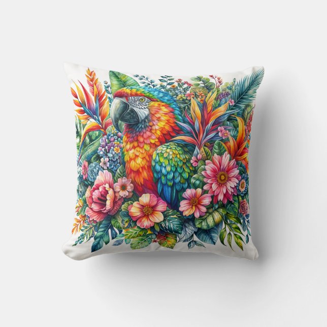 Parrot Botanical Watercolor Art Cushion (Front)