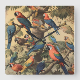 Parrot Canopy Vintage Botanical Luxe Square Wall Clock