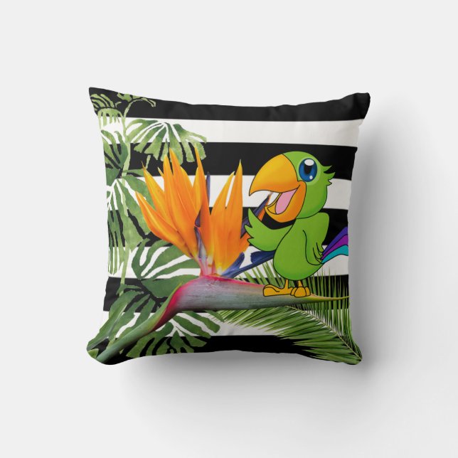 Parrot, Caudata, Palm Leaf, Stripes Cushion (Front)