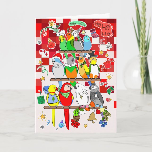 Parrot Christmas Holly Jolly Holiday Card (Front)