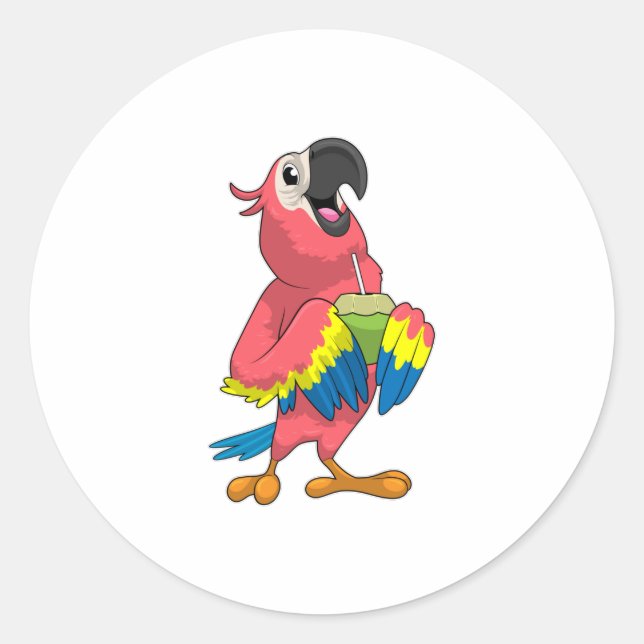 Parrot & Coconut with Drinking straw Classic Round Sticker (Front)