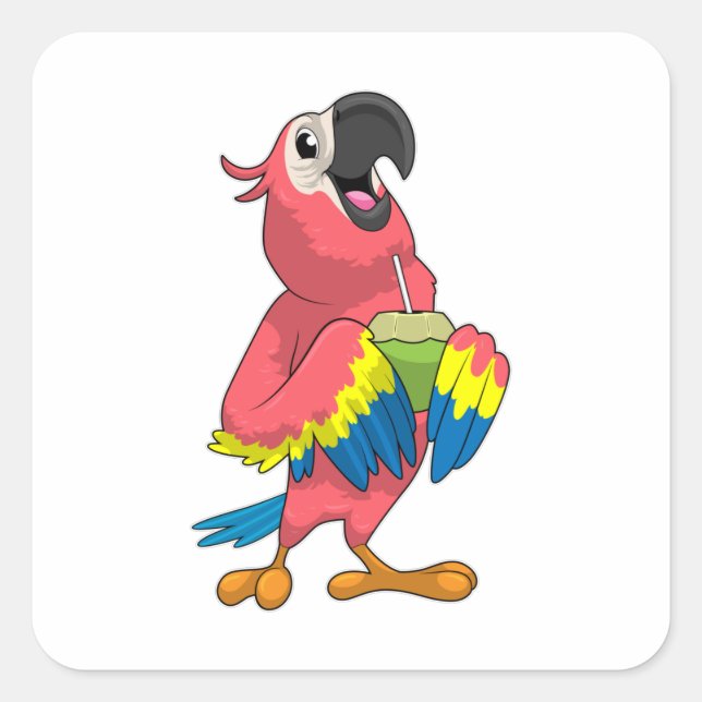 Parrot & Coconut with Drinking straw Square Sticker (Front)
