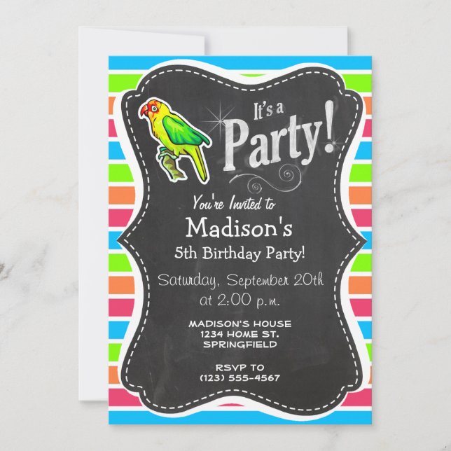Parrot; Colourful Retro Neon Rainbow Invitation (Front)