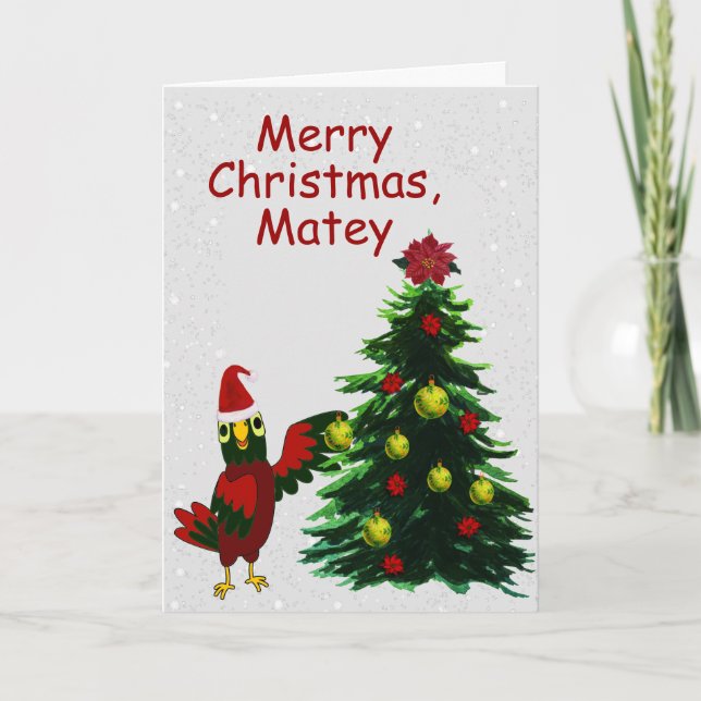 Parrot Decorating a Christmas Tree Holiday Card (Front)