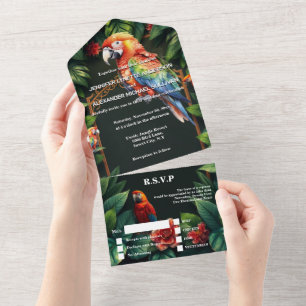 Parrot exotic jungle bird of paradise wedding rsvp all in one invitation
