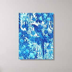 Parrot in a Jungle Setting, Indigo Blue and White Canvas Print