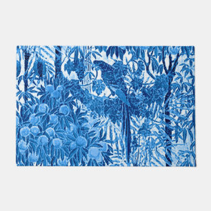 Parrot in a Jungle Setting, Indigo Blue and White  Doormat