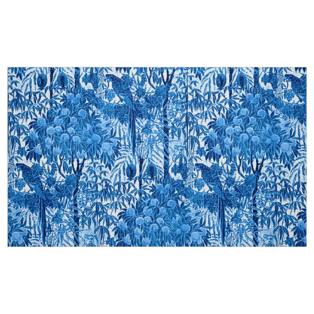 Parrot in a Jungle Setting, Indigo Blue and White Fabric (Fat Quarter)