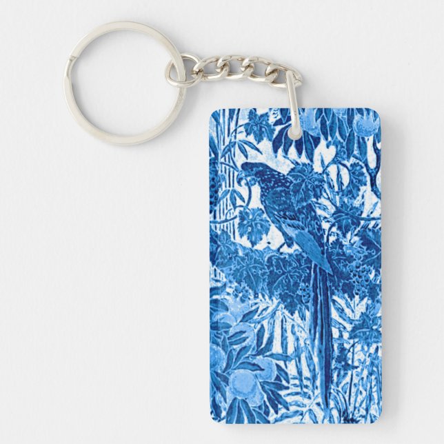 Parrot in a Jungle Setting, Indigo Blue and White  Key Ring (Front)