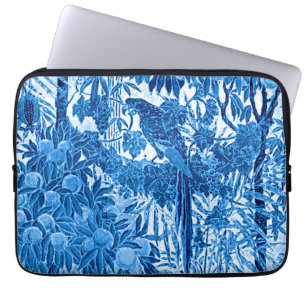 Parrot in a Jungle Setting, Indigo Blue and White Laptop Sleeve