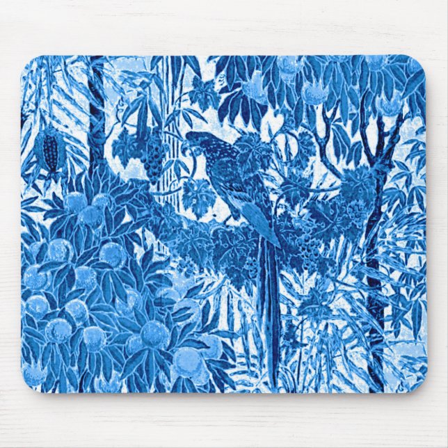 Parrot in a Jungle Setting, Indigo Blue and White Mouse Mat (Front)