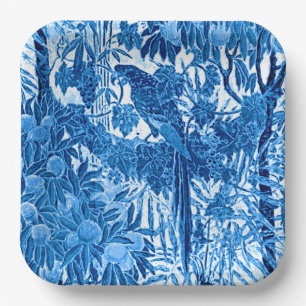 Parrot in a Jungle Setting, Indigo Blue and White Paper Plate